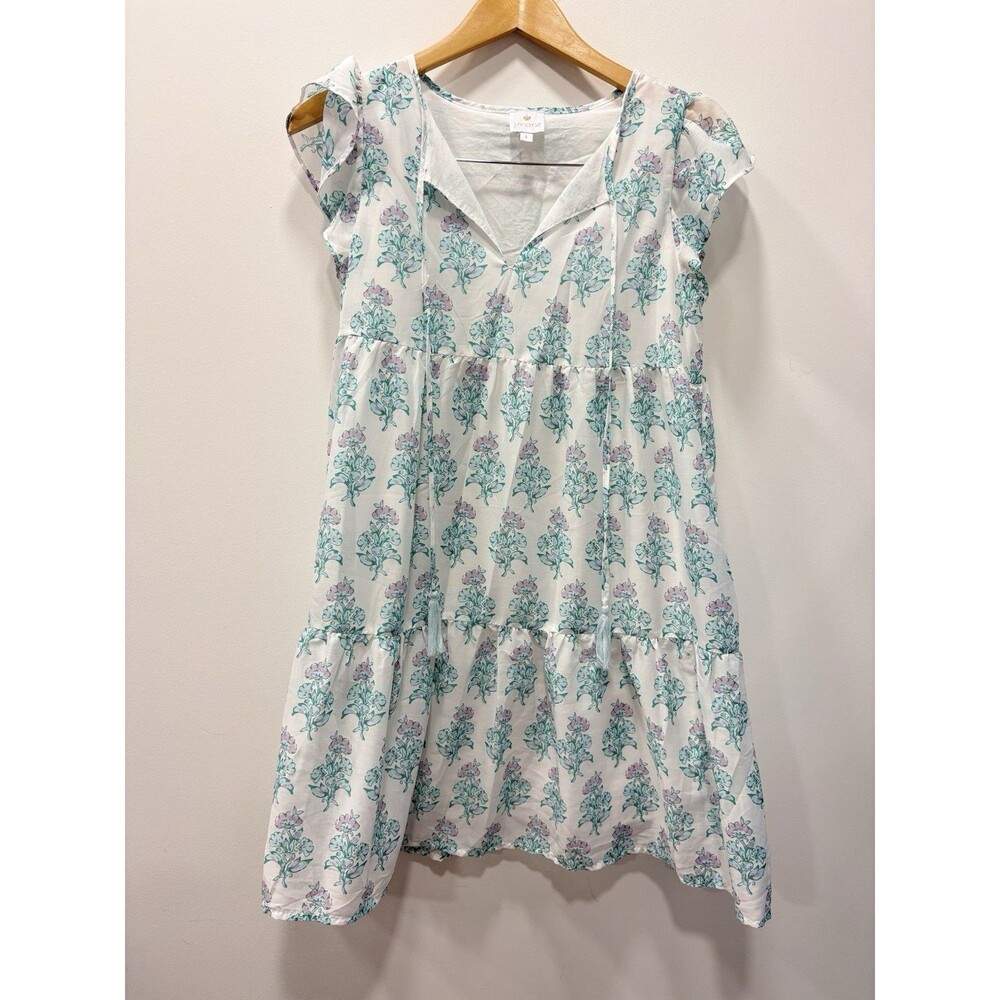 J Marie S Womens Green Blue Cecilia Ruffle Dress Short Sleeve Floral Coquette